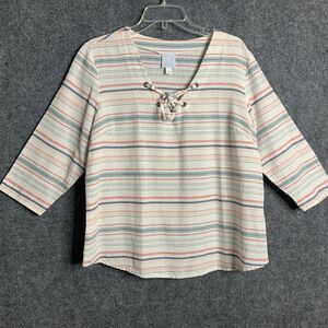 Sunday Linen Blend Top Women L Striped Lace Up V-Neck 3/4 Sleeve